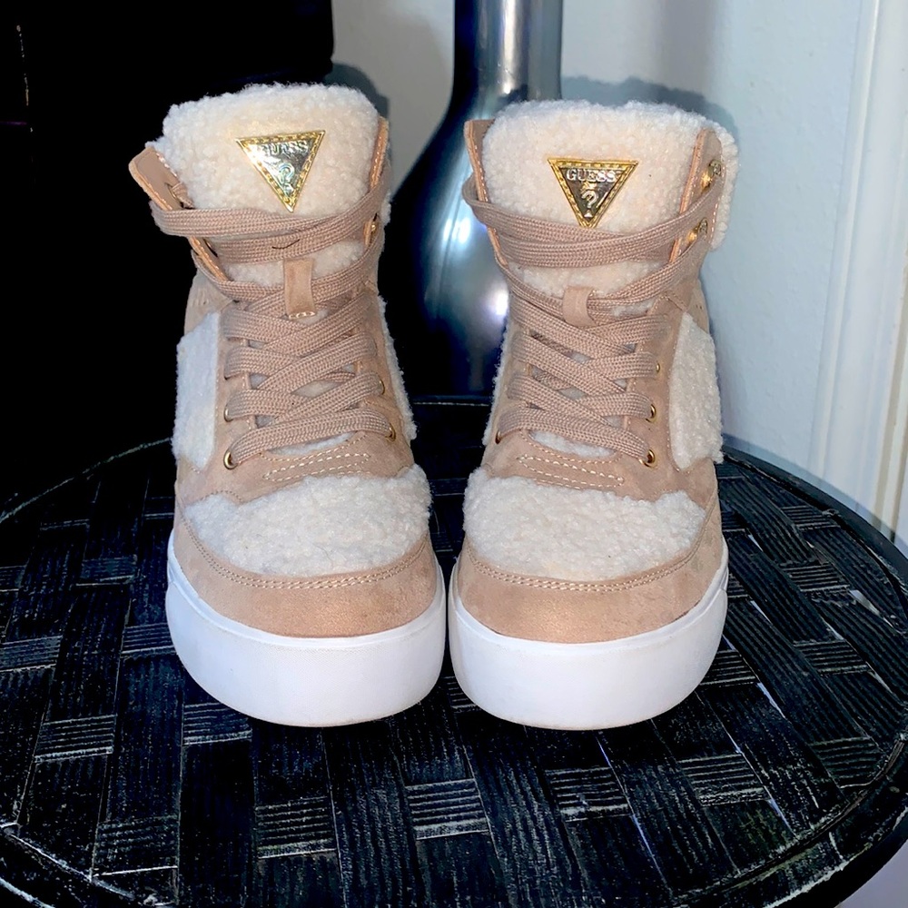 Guess Hightop Tan~wool/suede Size 7 Gold accents~ NWOT